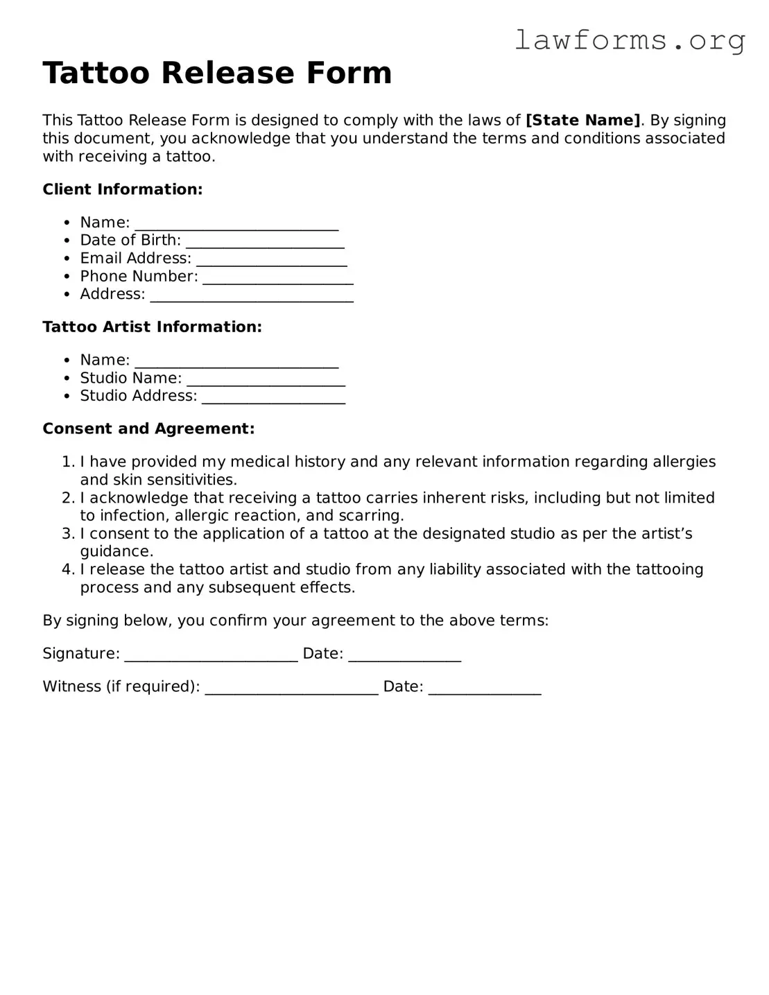 Valid Tattoo Release Form