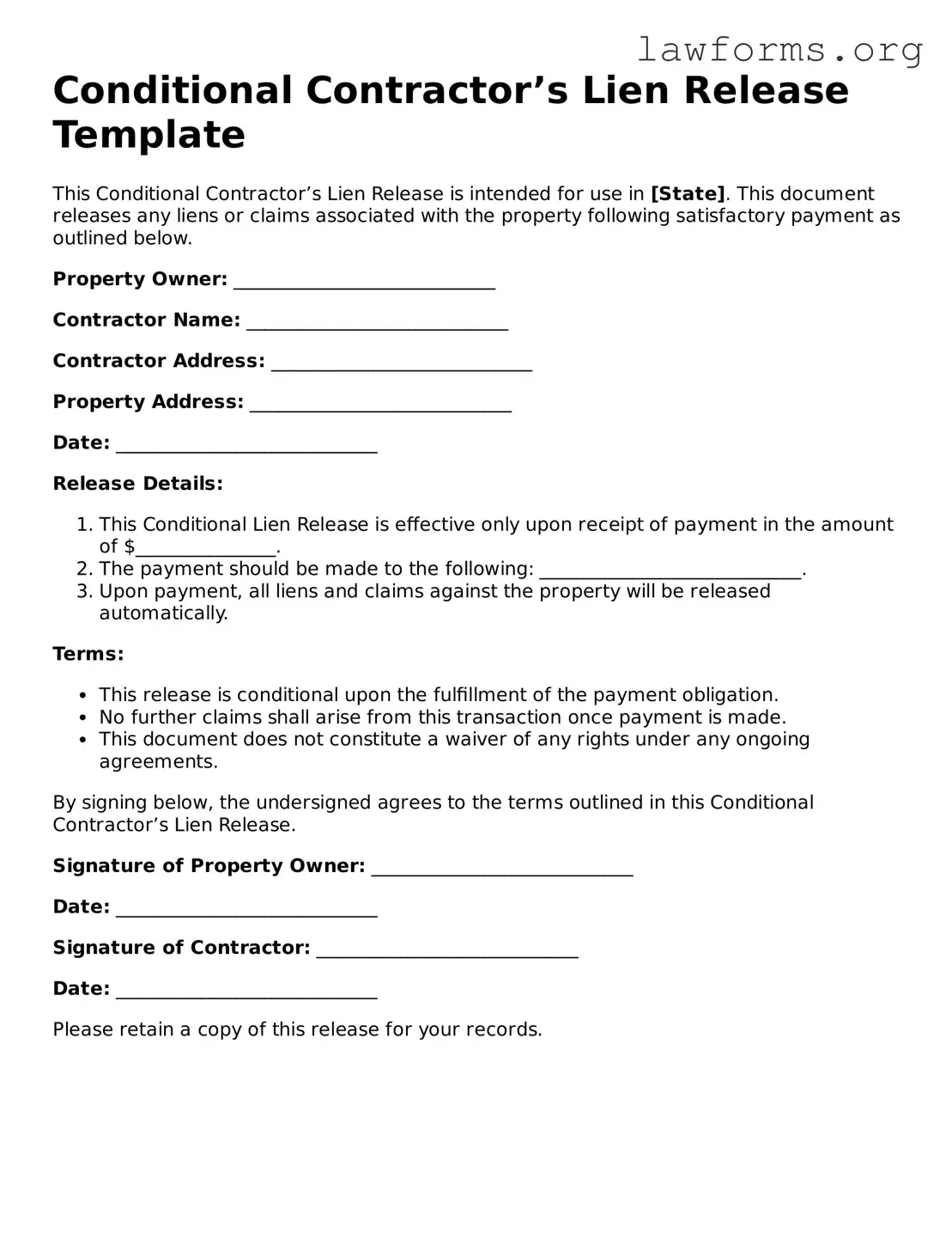 Valid Conditional Contractor’s Lien Release Form
