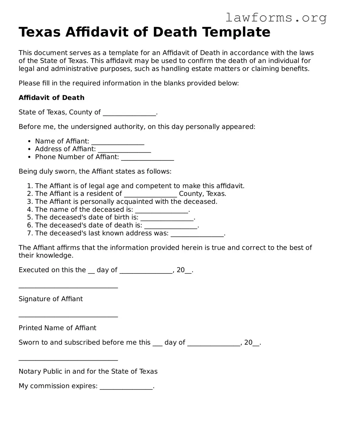 Attorney-Approved Affidavit of Death Template for the State of Texas