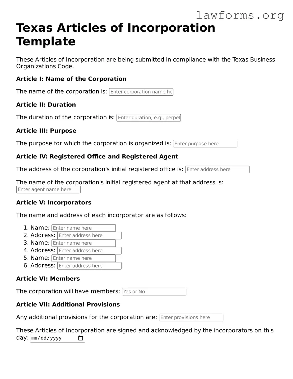 Attorney-Approved Articles of Incorporation Template for the State of Texas