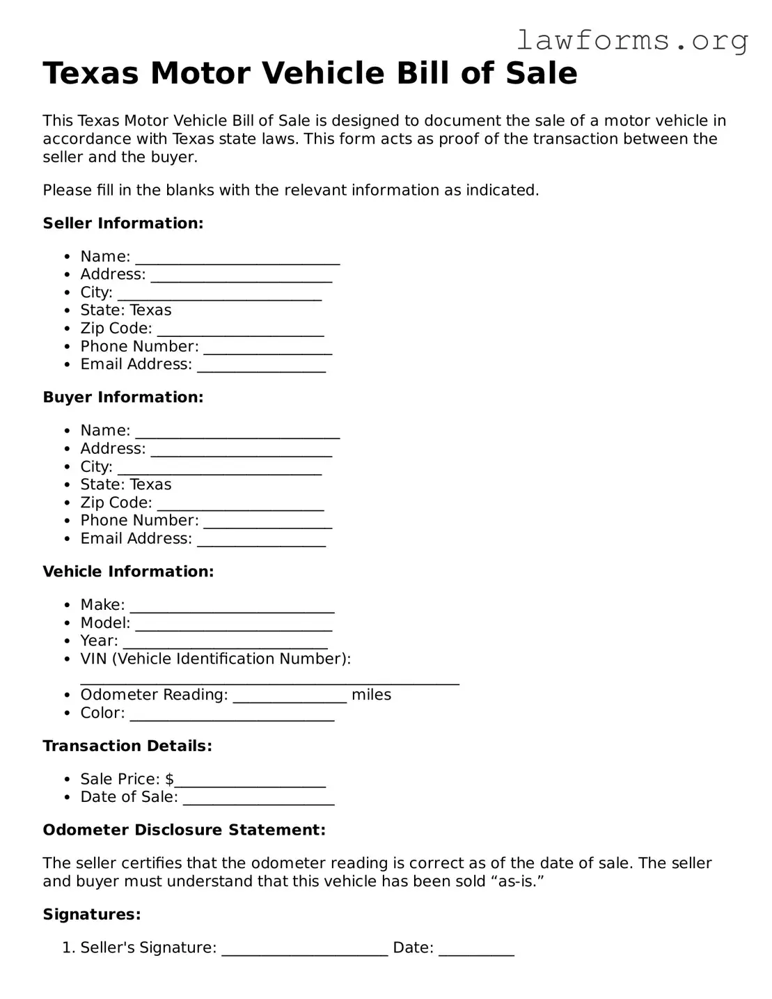Attorney-Approved Motor Vehicle Bill of Sale Template for the State of Texas