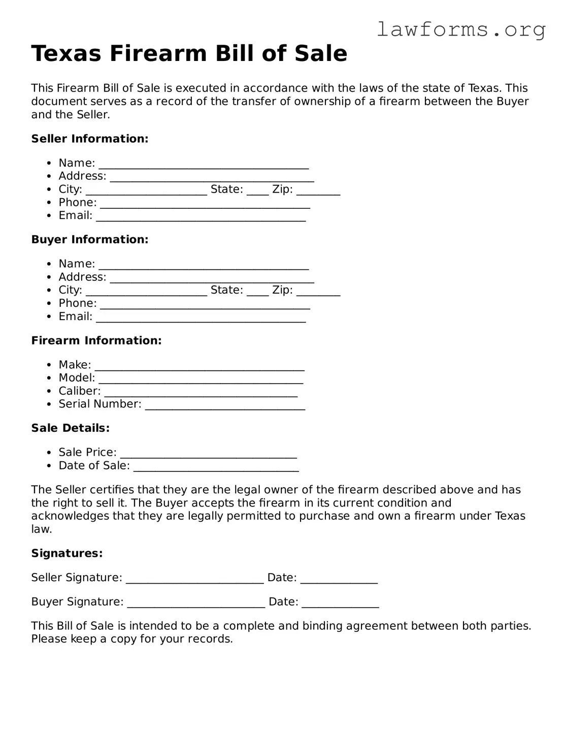 Attorney-Approved Firearm Bill of Sale Template for the State of Texas