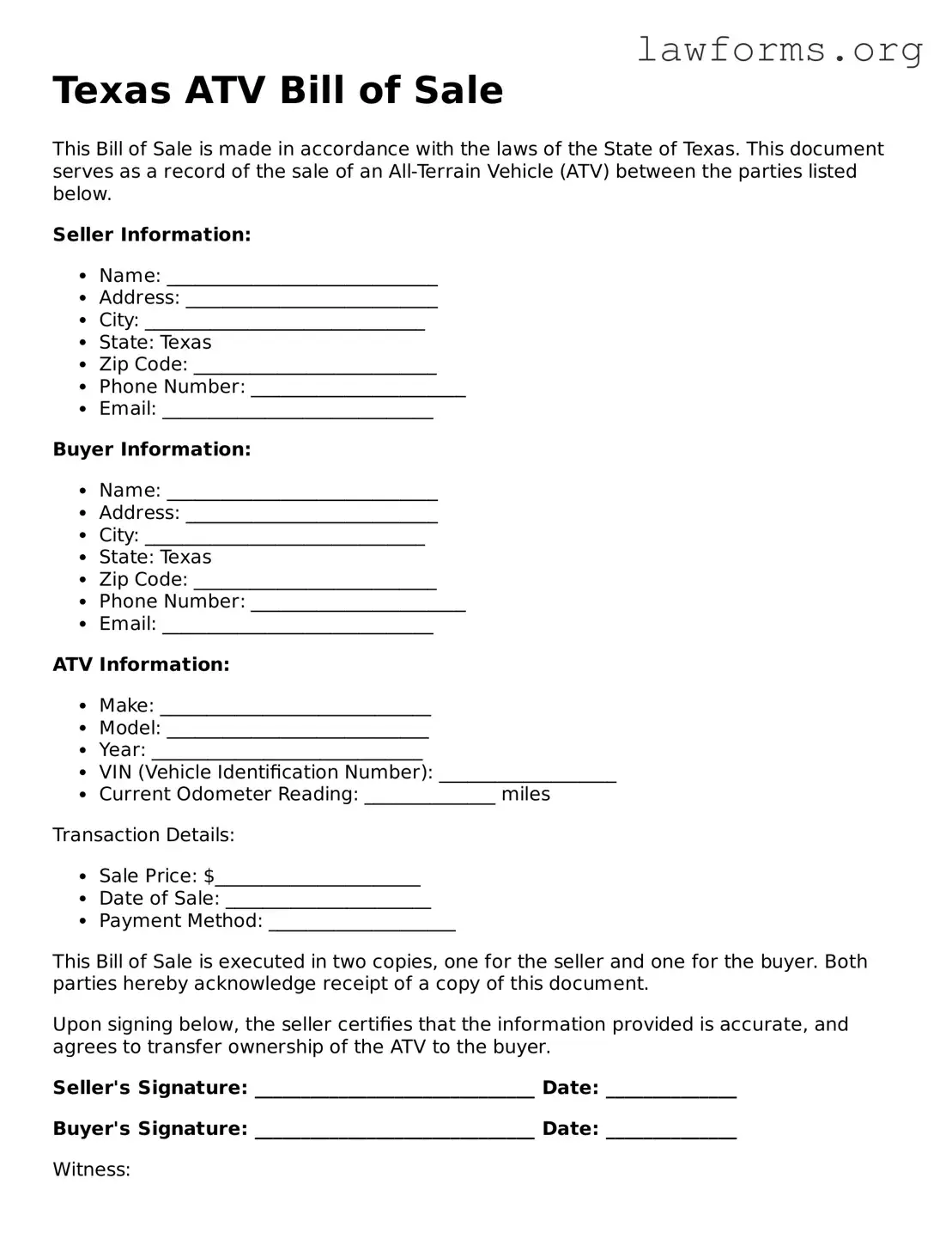 Attorney-Approved ATV Bill of Sale Template for the State of Texas