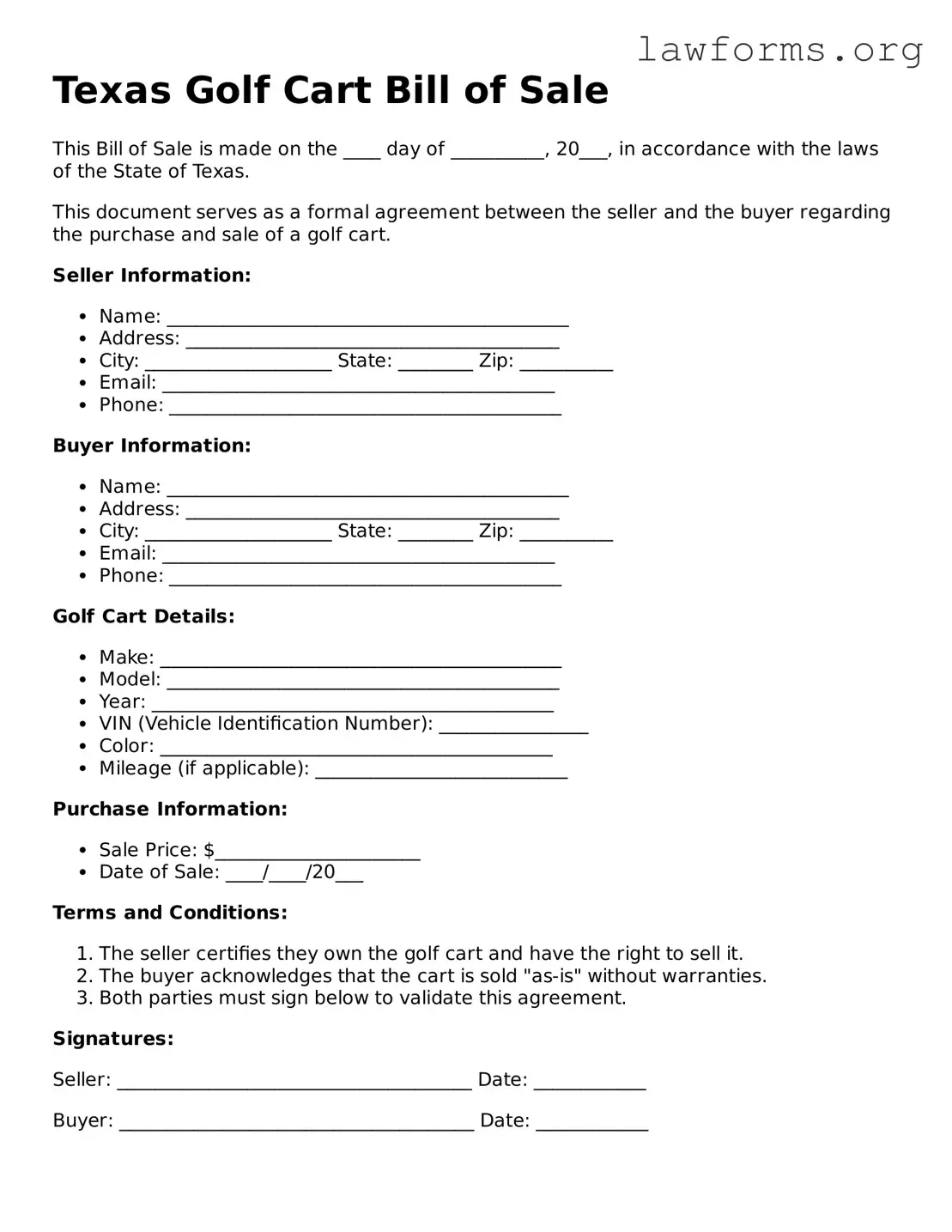 Attorney-Approved Golf Cart Bill of Sale Template for the State of Texas