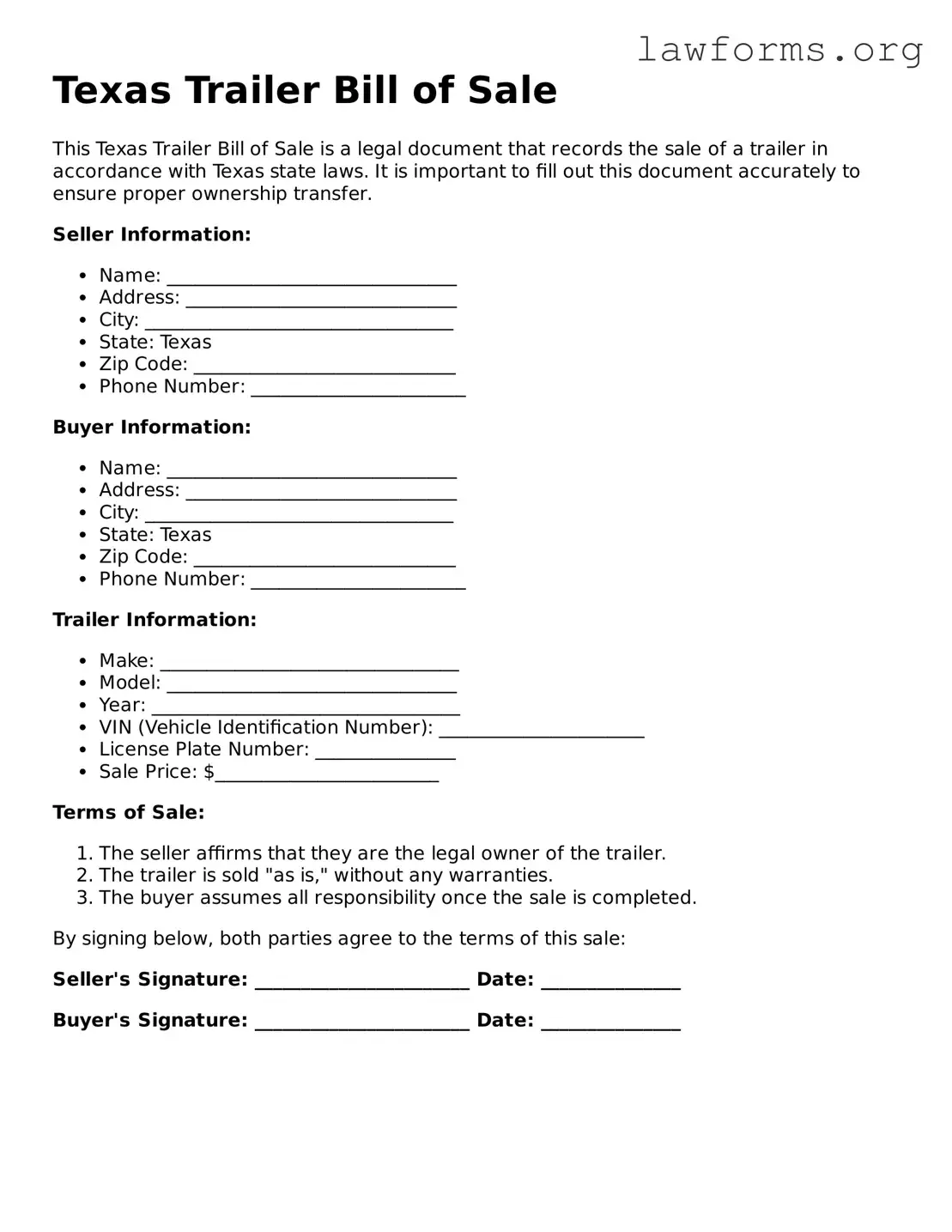 Attorney-Approved Trailer Bill of Sale Template for the State of Texas