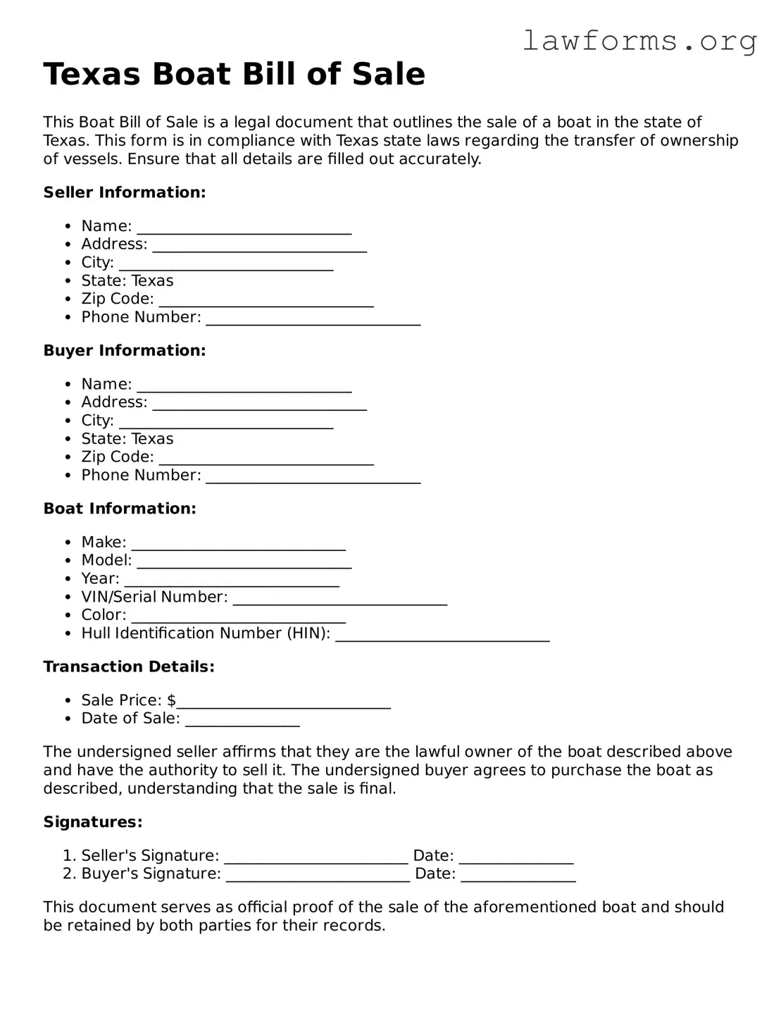 Attorney-Approved Boat Bill of Sale Template for the State of Texas