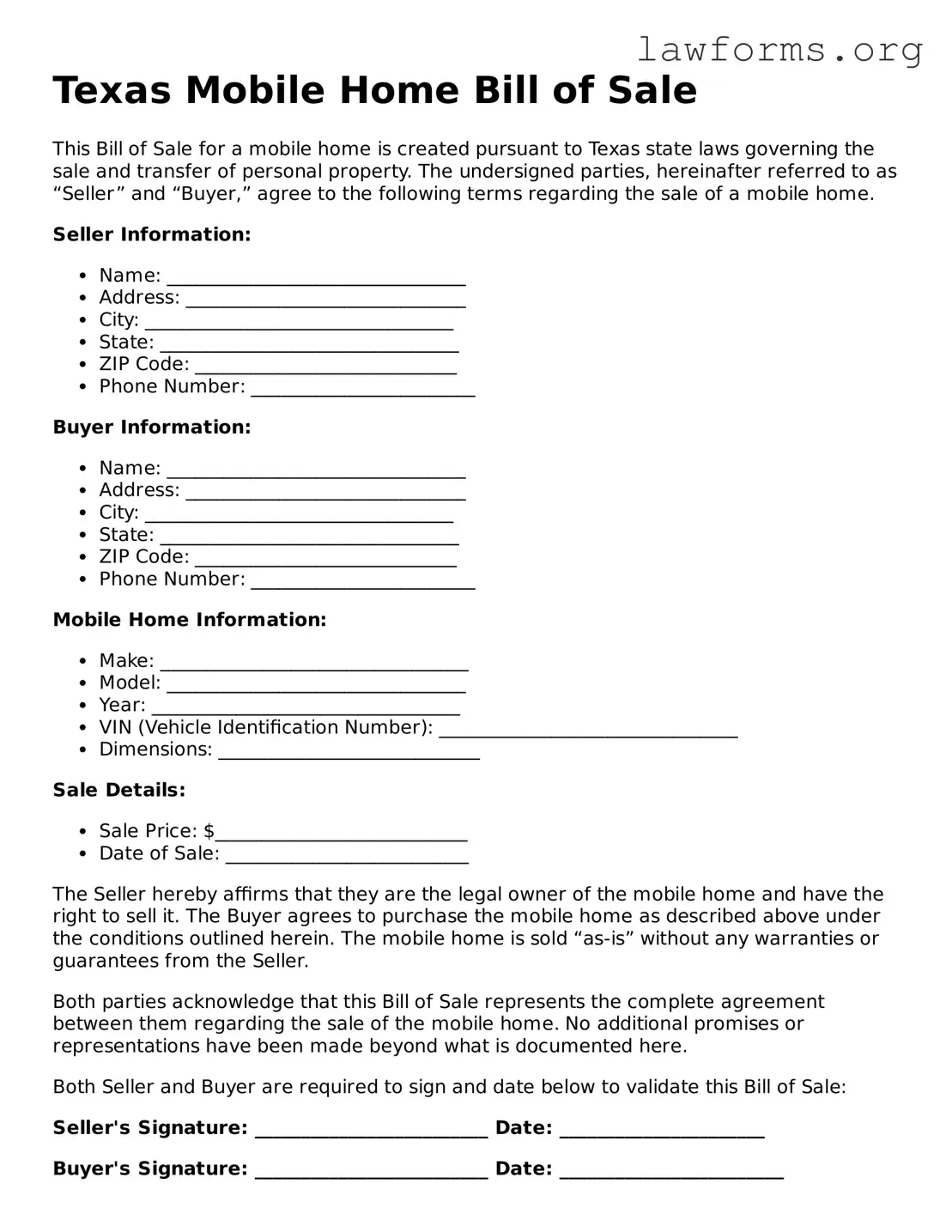 Attorney-Approved Mobile Home Bill of Sale Template for the State of Texas