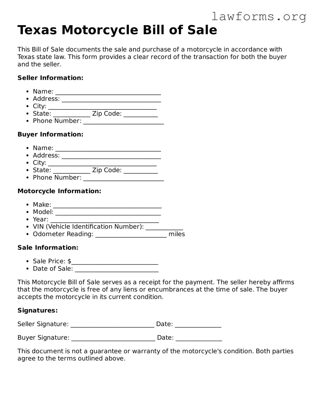 Attorney-Approved Motorcycle Bill of Sale Template for the State of Texas