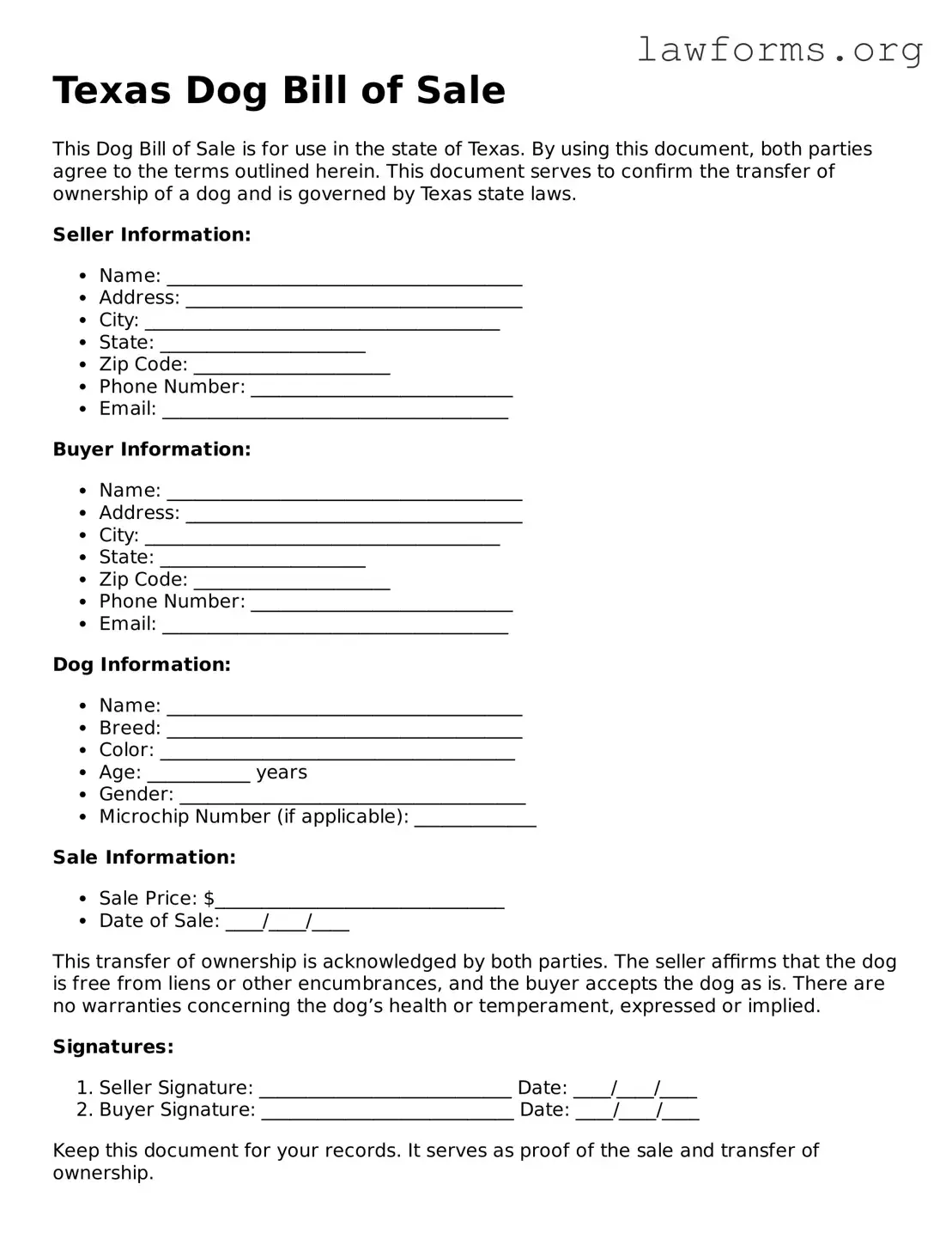 Attorney-Approved Dog Bill of Sale Template for the State of Texas
