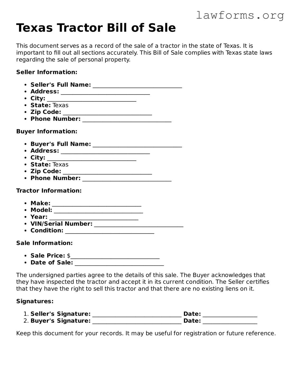 Attorney-Approved Tractor Bill of Sale Template for the State of Texas