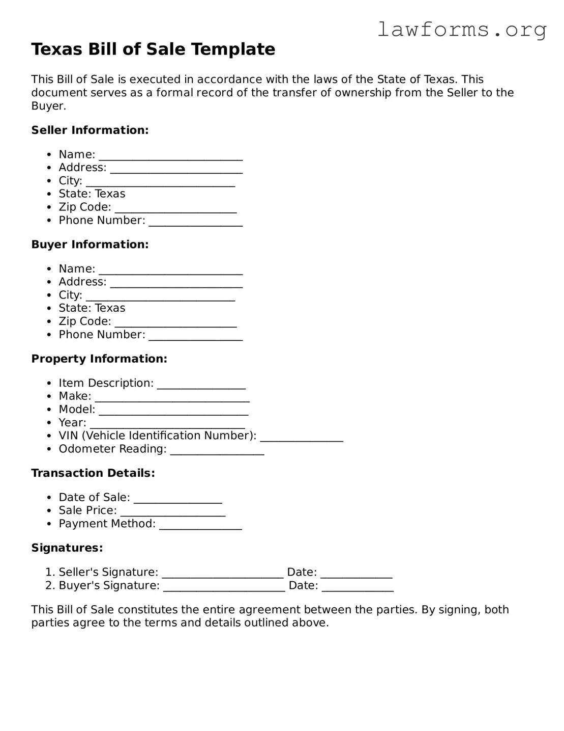 Attorney-Approved Bill of Sale Template for the State of Texas