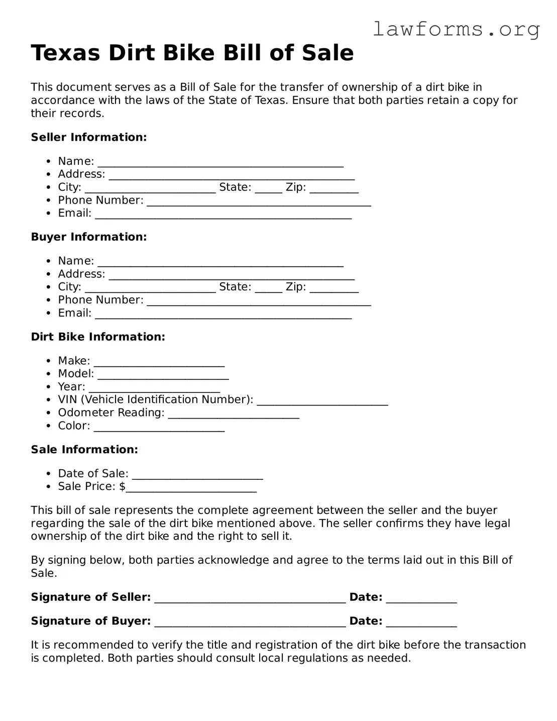 Attorney-Approved Dirt Bike Bill of Sale Template for the State of Texas