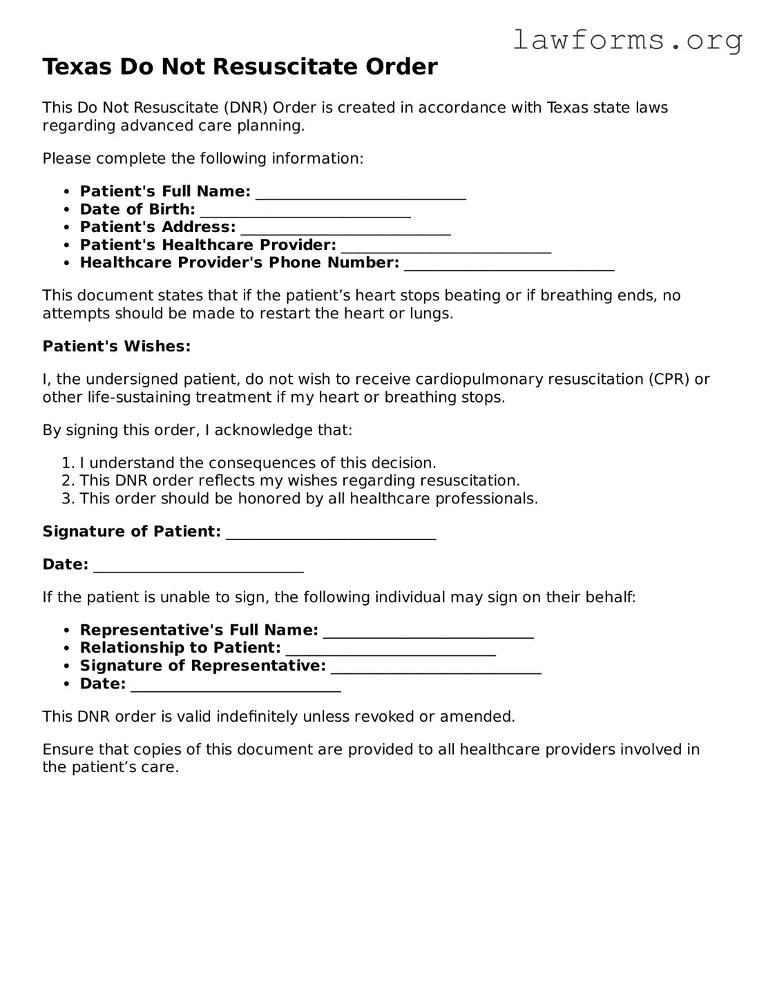 Attorney-Approved Do Not Resuscitate Order Template for the State of Texas