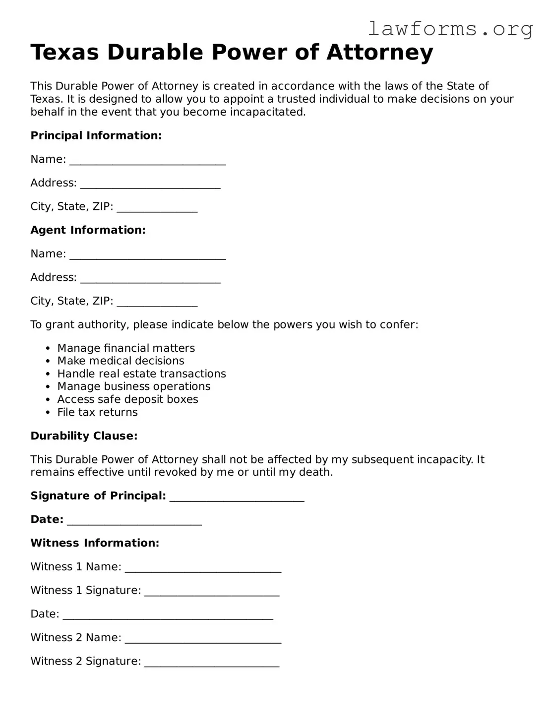 Attorney-Approved Durable Power of Attorney Template for the State of Texas