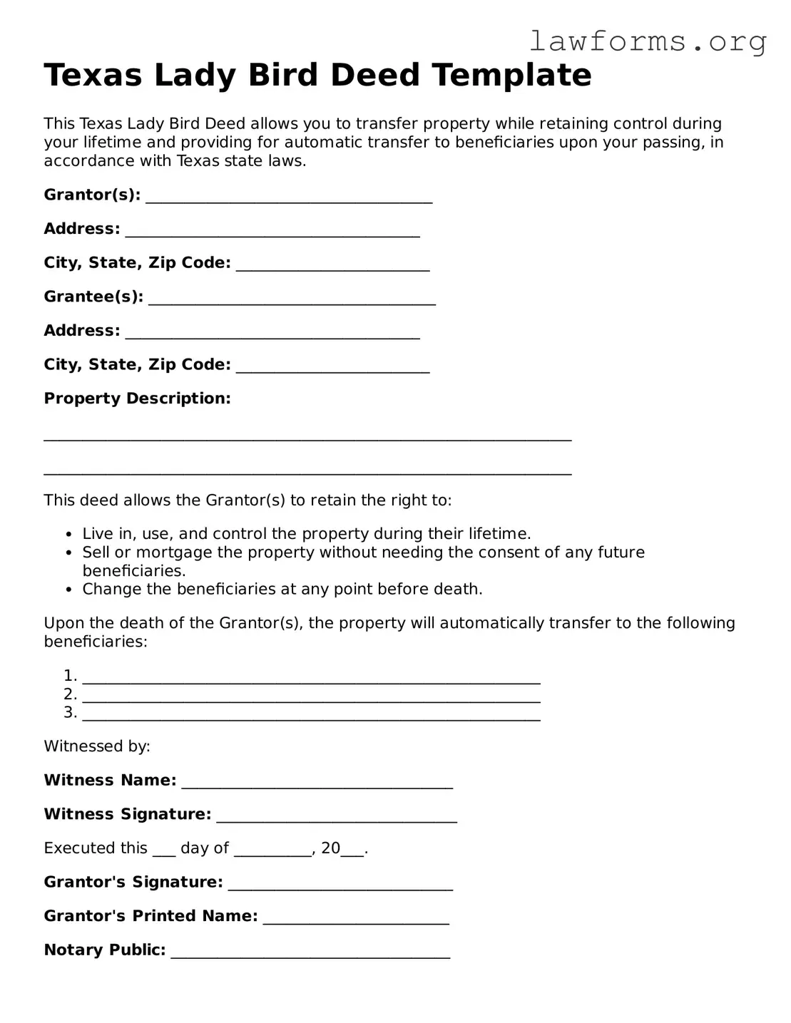 Attorney-Approved Lady Bird Deed Template for the State of Texas