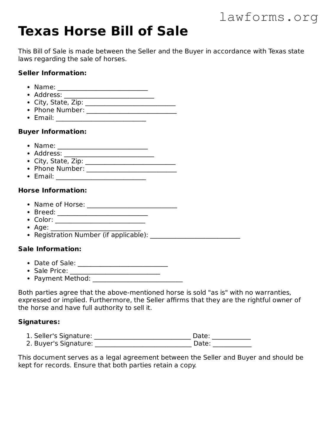 Attorney-Approved Horse Bill of Sale Template for the State of Texas