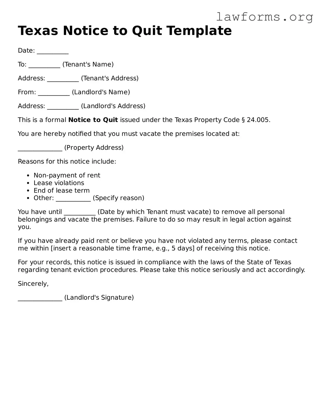 Attorney-Approved Notice to Quit Template for the State of Texas