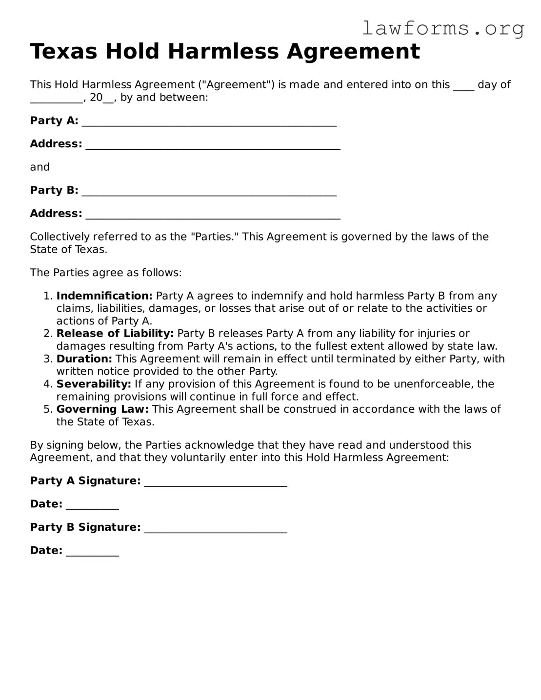 Attorney-Approved Hold Harmless Agreement Template for the State of Texas