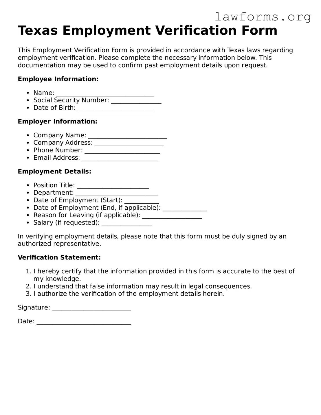 Attorney-Approved Employment Verification Template for the State of Texas