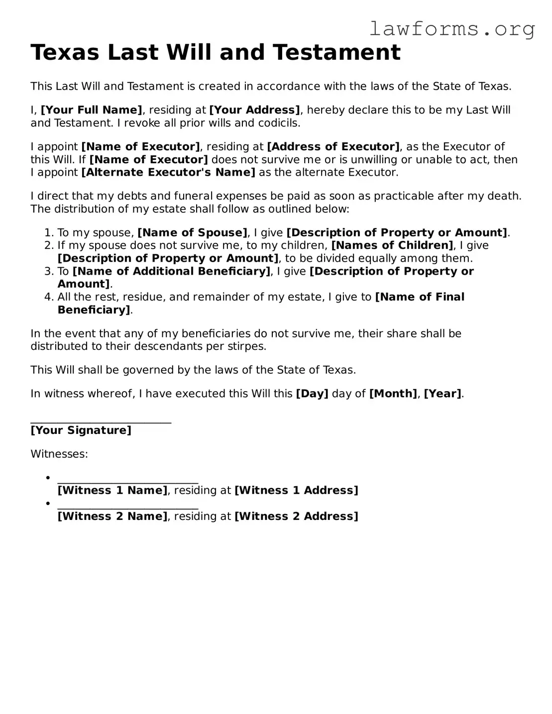 Attorney-Approved Last Will and Testament Template for the State of Texas