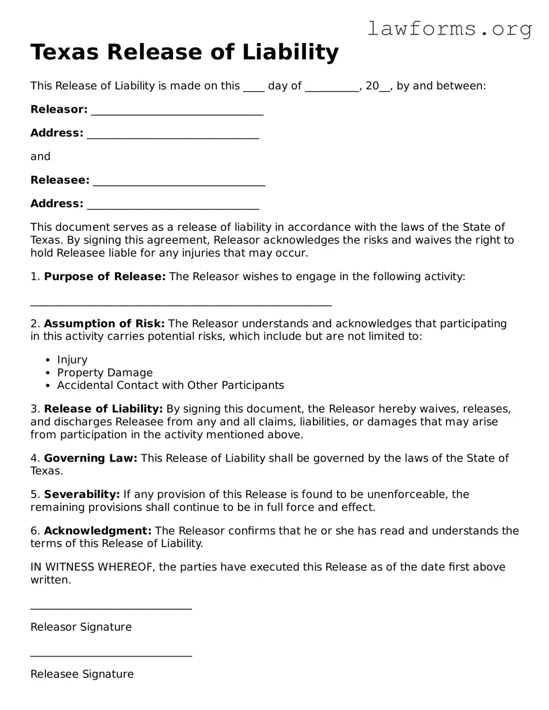 Attorney-Approved Release of Liability Template for the State of Texas