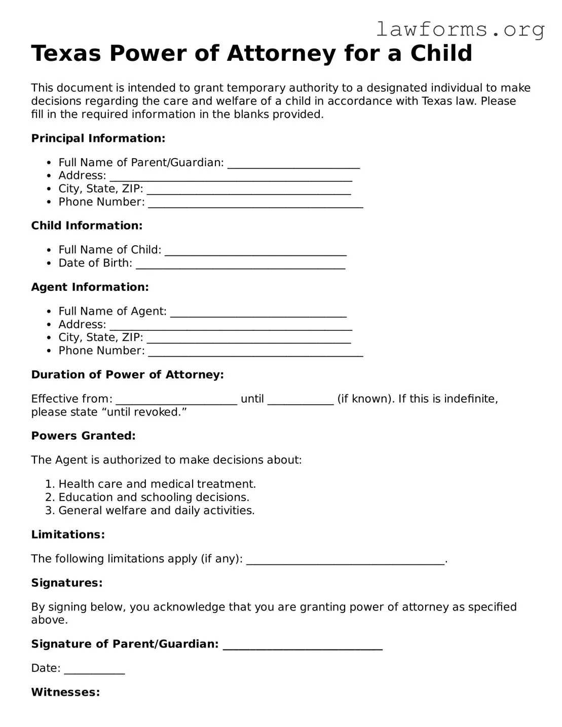 Attorney-Approved Power of Attorney for a Child Template for the State of Texas