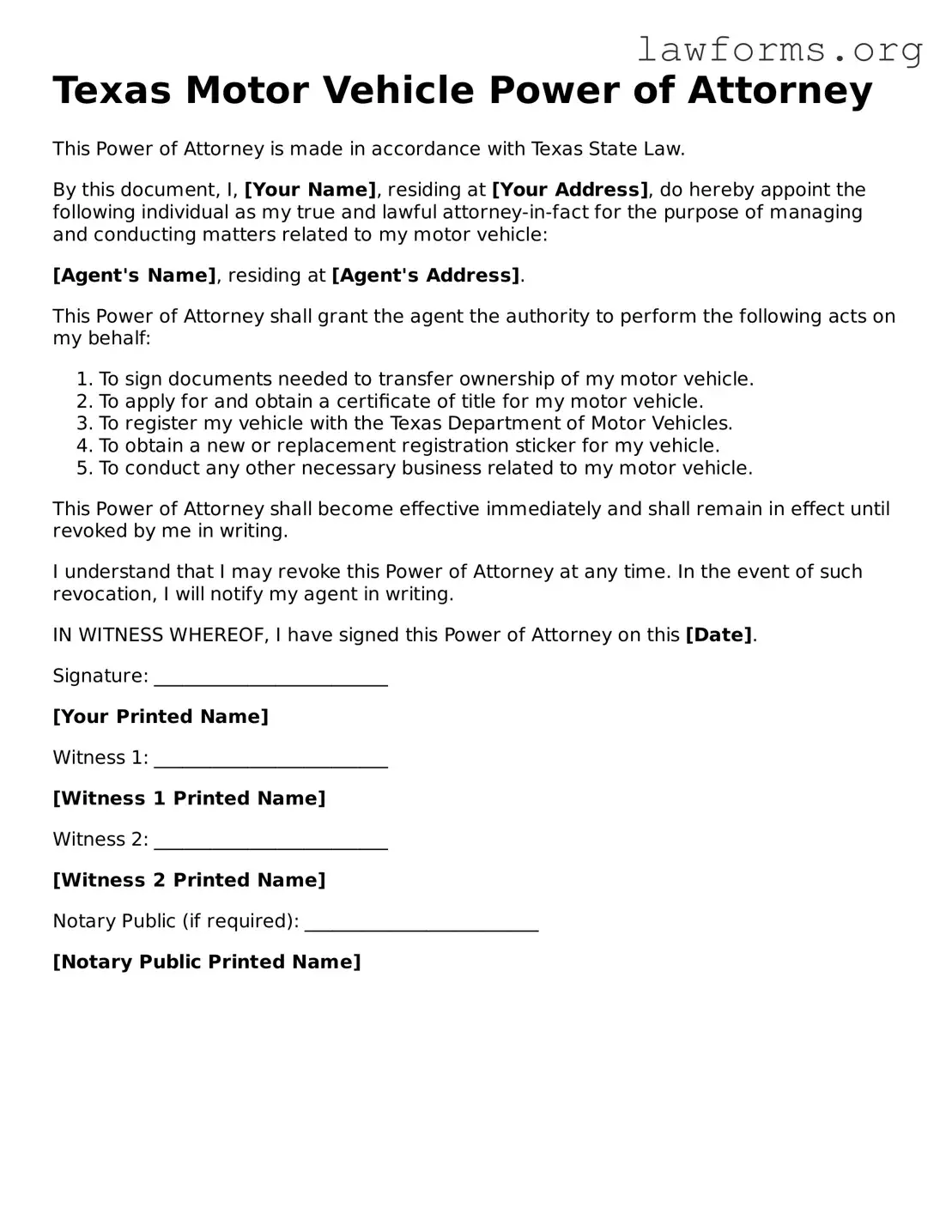 Attorney-Approved Motor Vehicle Power of Attorney Template for the State of Texas