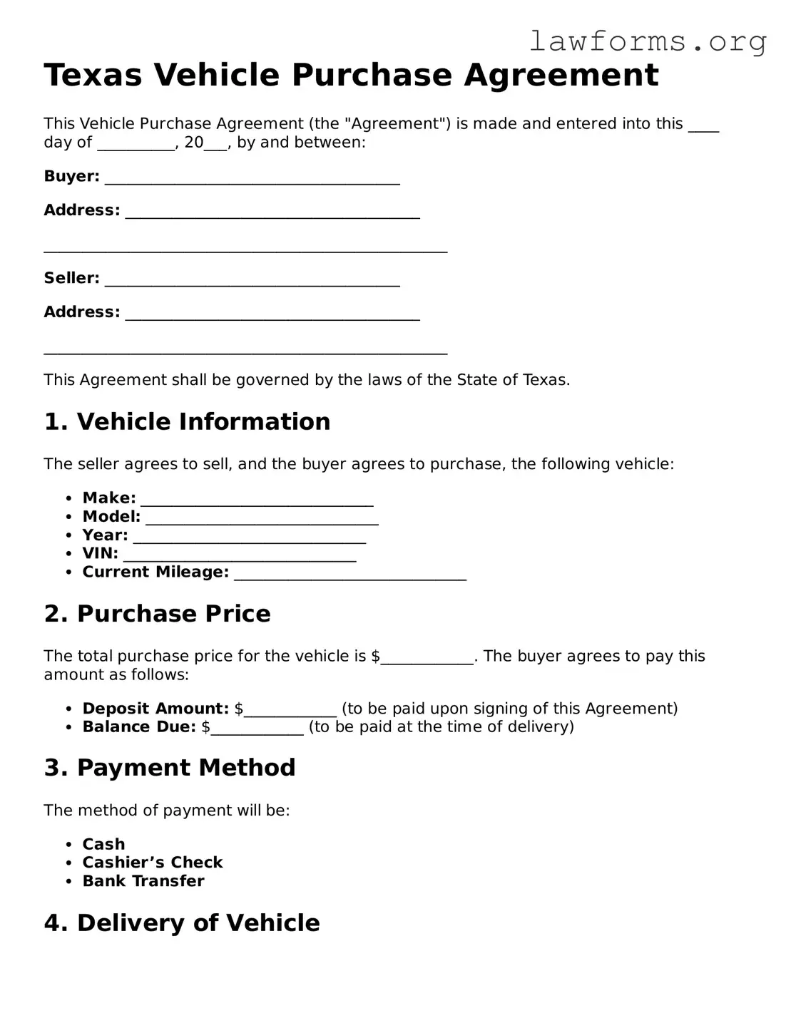 Attorney-Approved Vehicle Purchase Agreement Template for the State of Texas