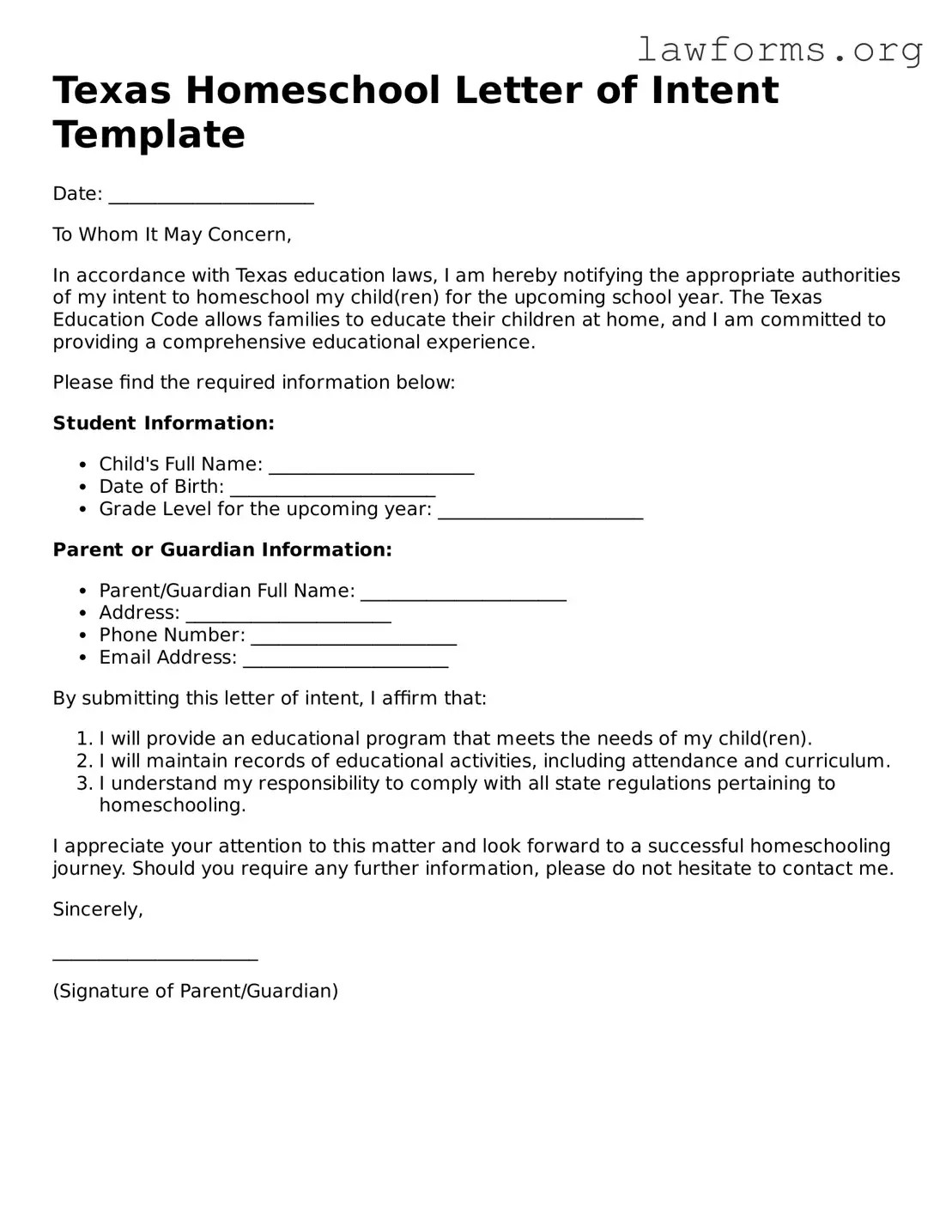 Attorney-Approved Homeschool Letter of Intent Template for the State of Texas