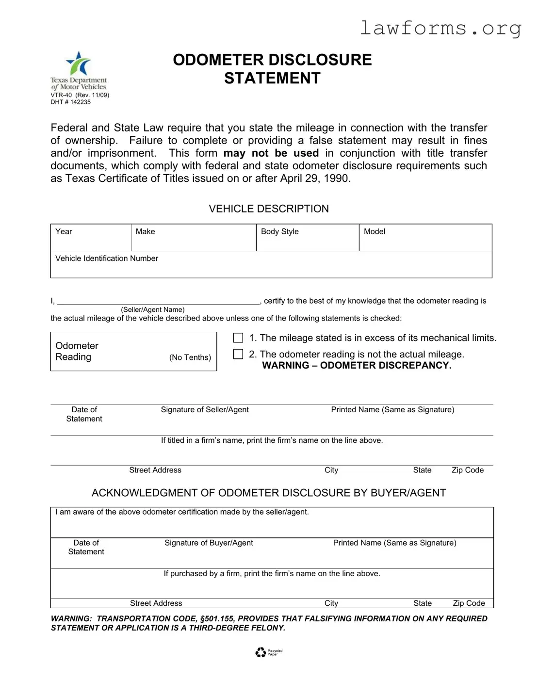 Fill Out a Valid Texas Odometer Statement Template