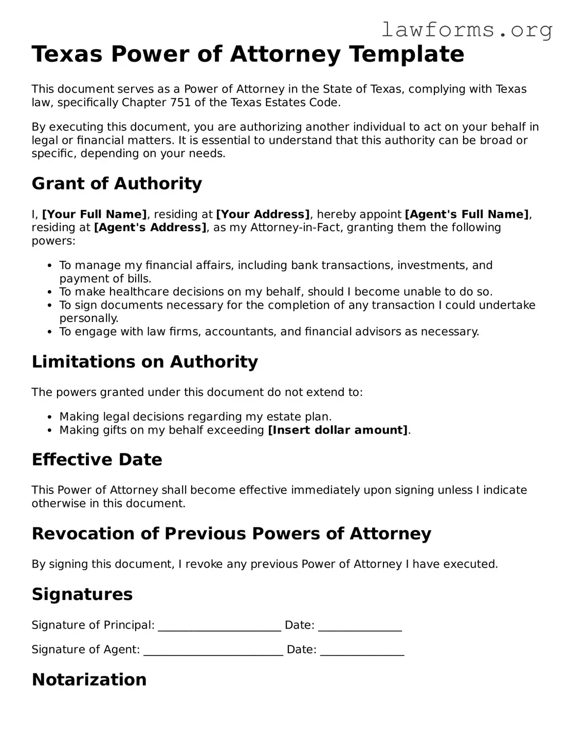 Attorney-Approved Power of Attorney Template for the State of Texas