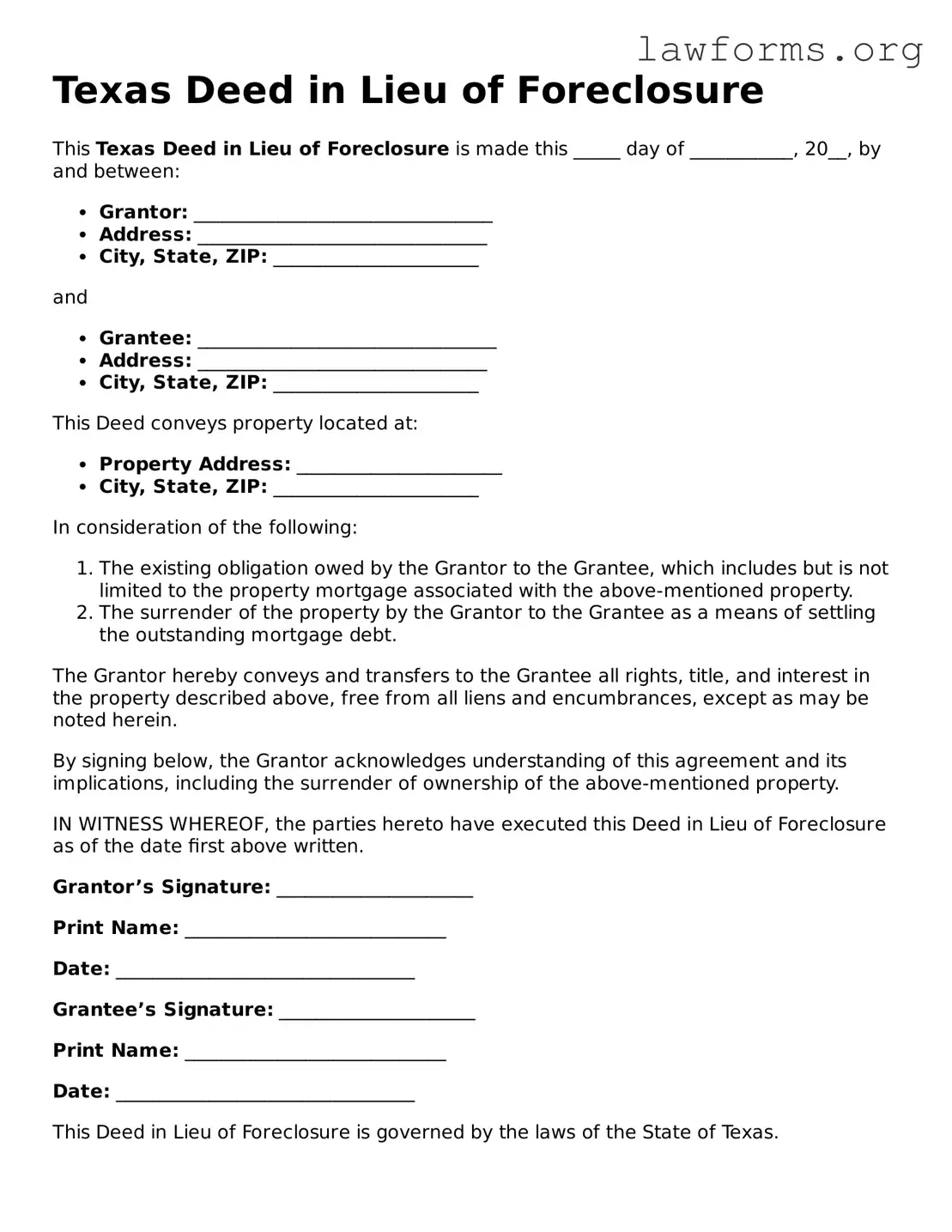 Attorney-Approved Deed in Lieu of Foreclosure Template for the State of Texas