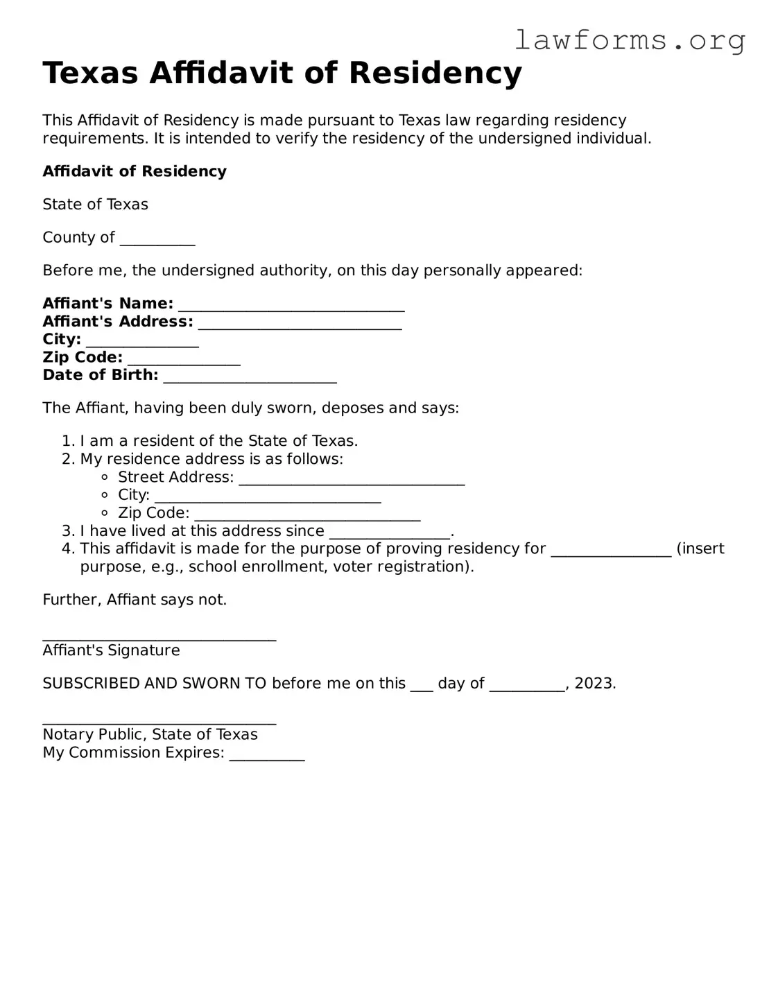 Attorney-Approved Affidavit of Residency Template for the State of Texas