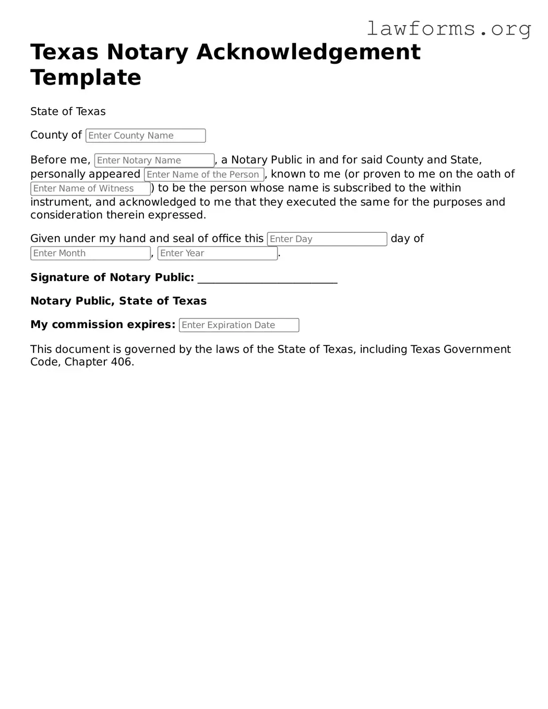 Attorney-Approved Notary Acknowledgement Template for the State of Texas