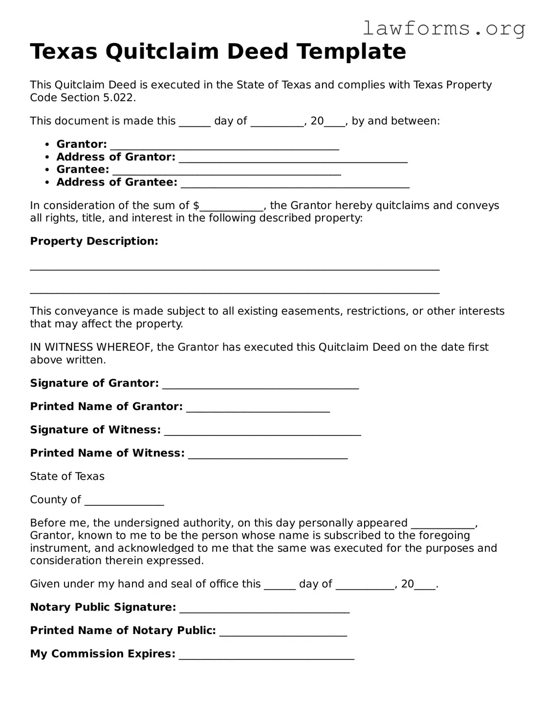 Attorney-Approved Quitclaim Deed Template for the State of Texas