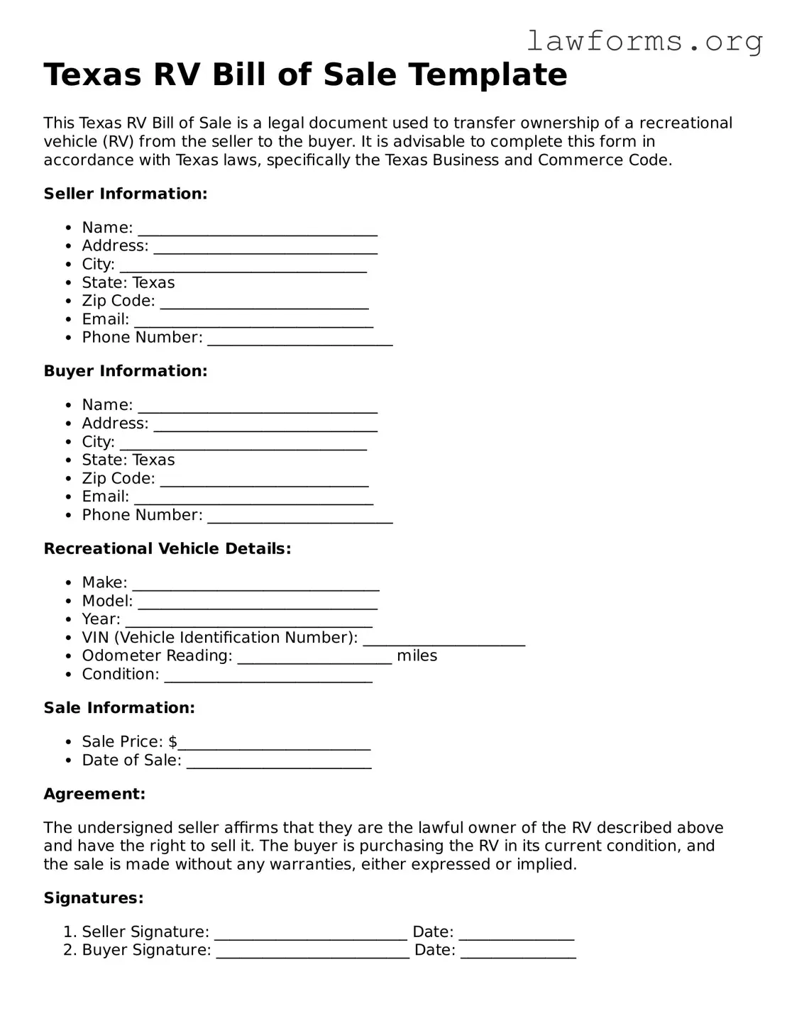 Attorney-Approved RV Bill of Sale Template for the State of Texas