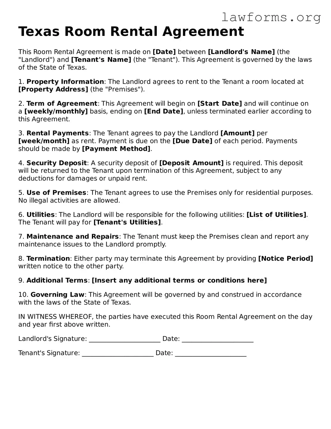 Attorney-Approved Room Rental Agreement Template for the State of Texas