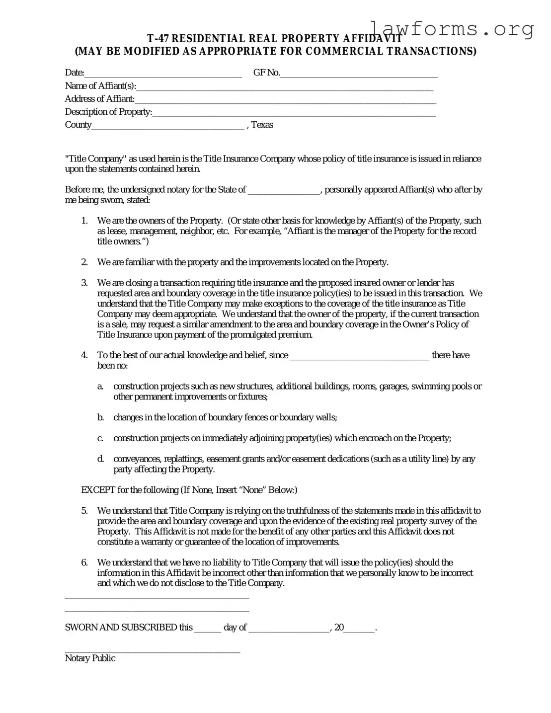 Fill Out a Valid Texas residential property affidavit T-47 Template