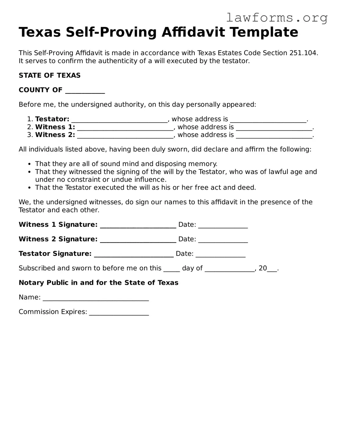 Attorney-Approved Self-Proving Affidavit Template for the State of Texas