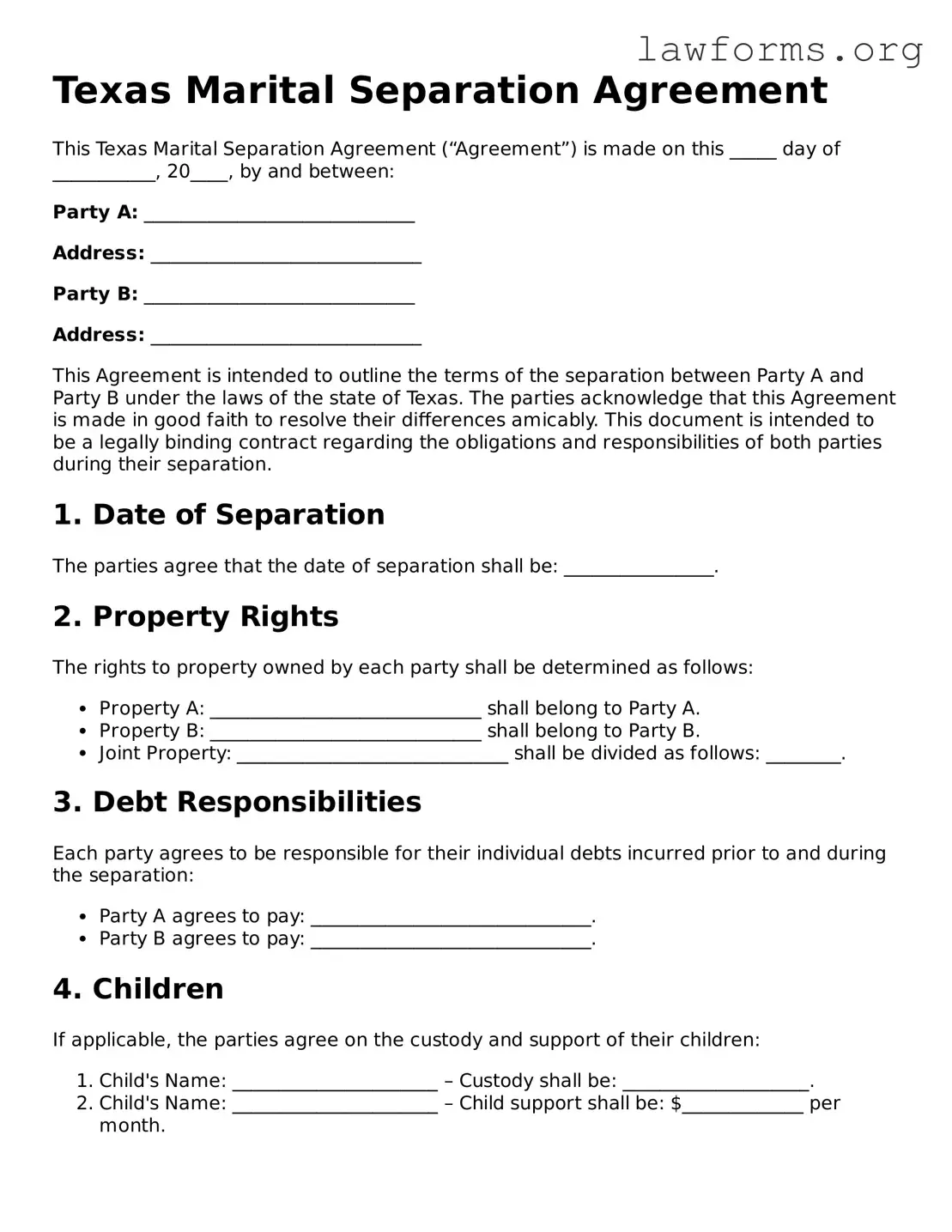 Attorney-Approved Marital Separation Agreement Template for the State of Texas