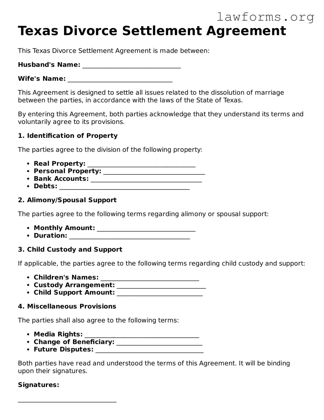 Attorney-Approved Divorce Settlement Agreement Template for the State of Texas
