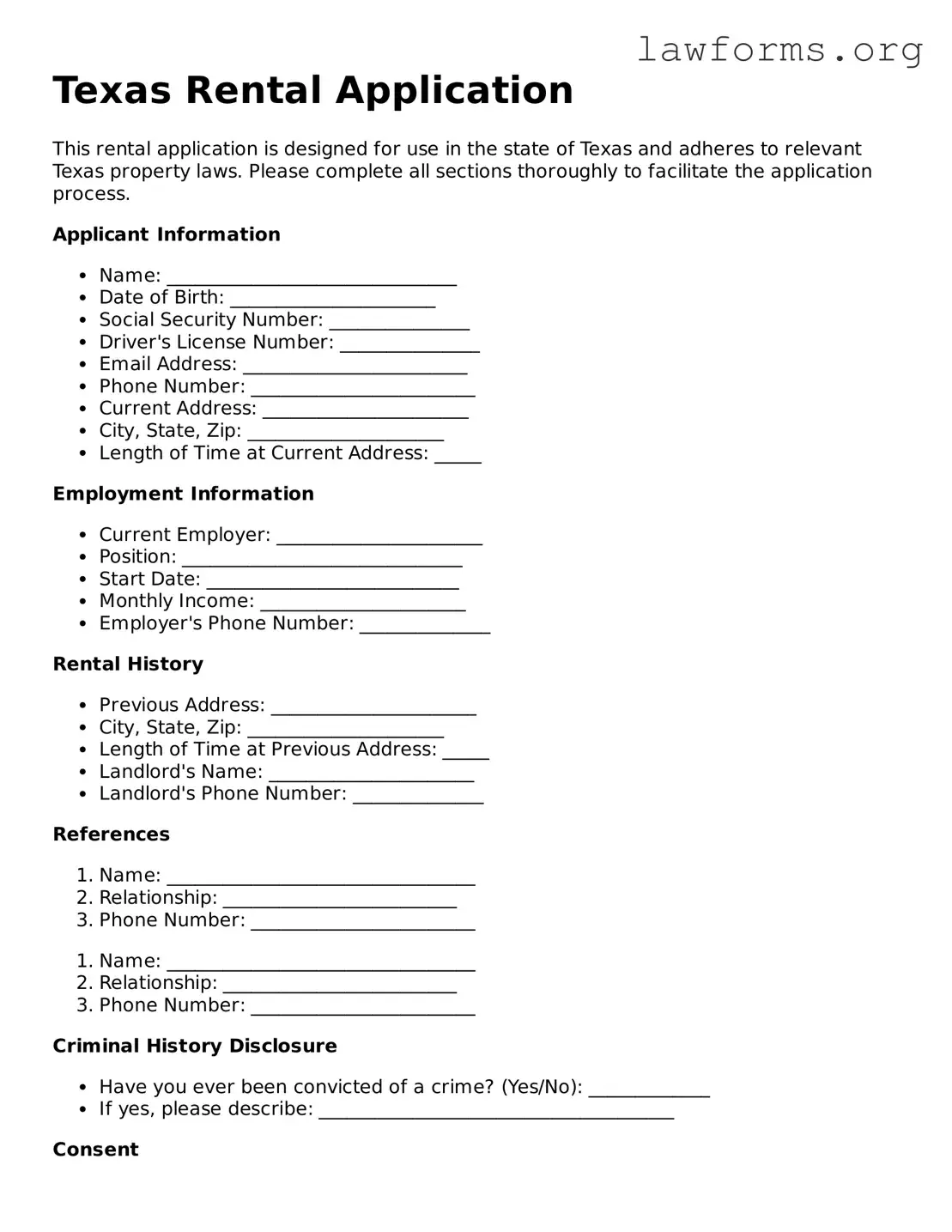 Attorney-Approved Rental Application Template for the State of Texas