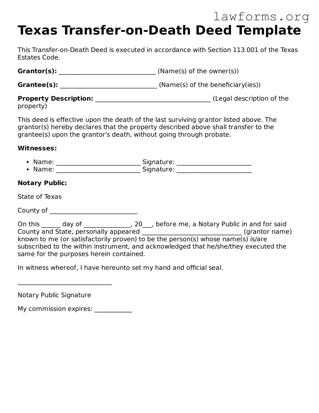 Attorney-Approved Transfer-on-Death Deed Template for the State of Texas