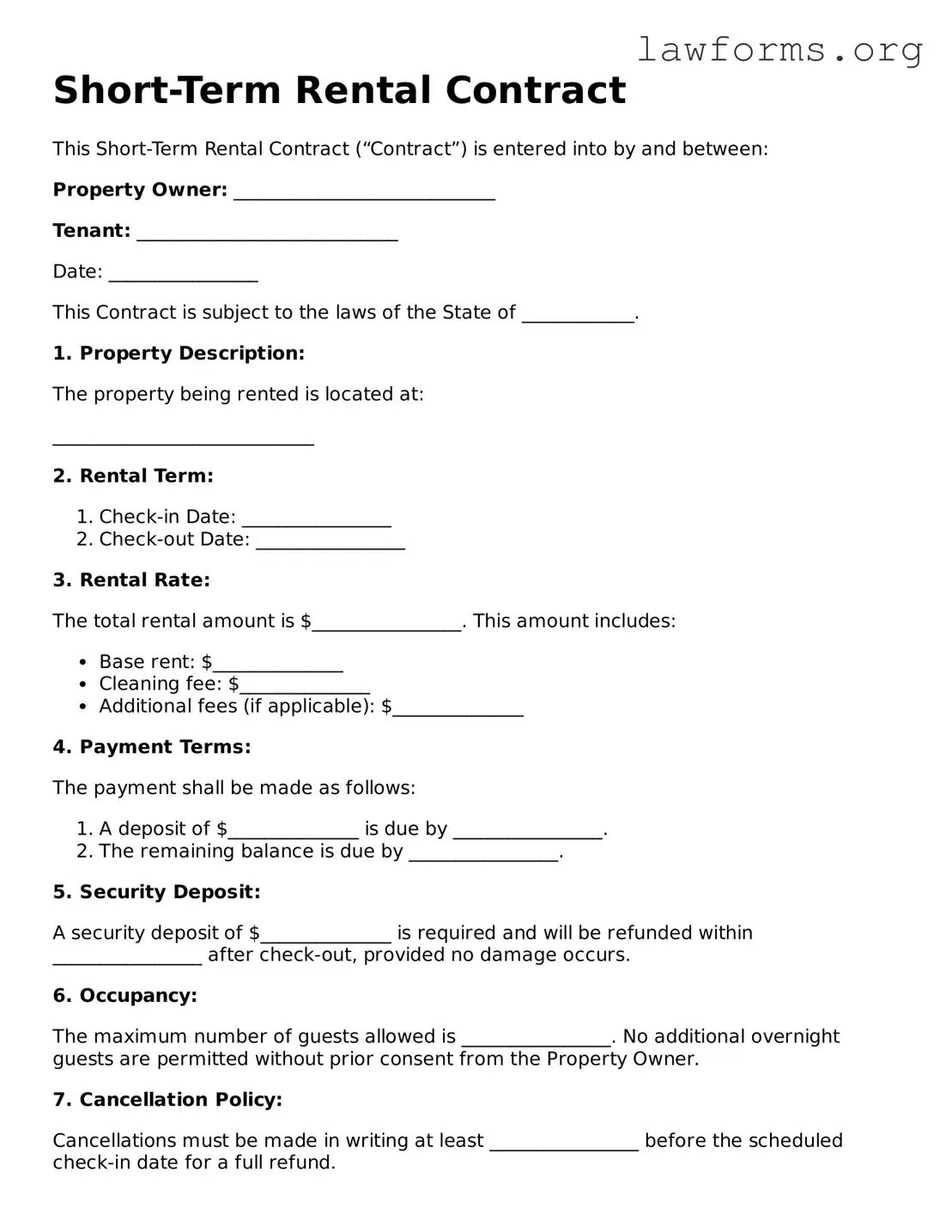 Valid Short-Term Rental Contract Form