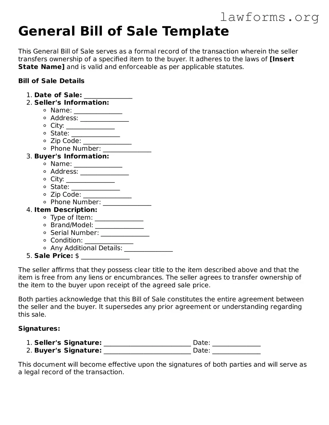 Valid General Bill of Sale Form