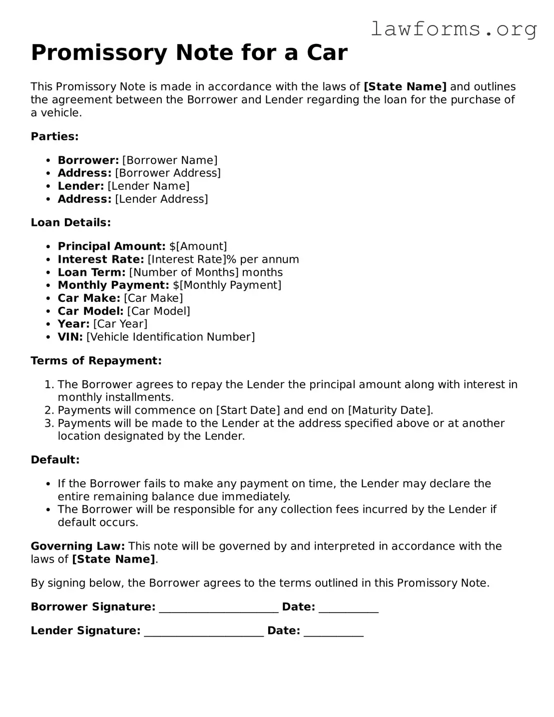 Valid Promissory Note for a Car Form
