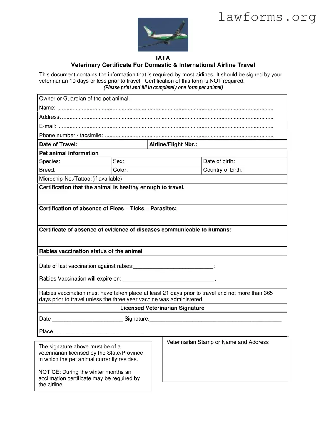 Fill Out a Valid Veterinary Certificate Travel Template